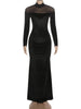 Full Sleeve Turtleneck Mesh Patchwork Long Dress Woman Elegant Velvet Slim High Waist Evening Prom Party Elegant Bodycon