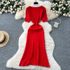 French Style Vintage Panelled Moda Dress Turn-down Collar Puff Sleeve Slim Vestidos Elegant Vent Knit Femme Robe