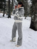 Women Color Block Spliced Ski Set Fleece Lined Stand Collar Zip Jacket Multi‑Pocket Wide Leg Trousers Winter Outfit