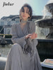 Spring Elegant V-Neck Midi Dress Office Lady Long Sleeve Casual One Piece Dress Korean French Vintage Chiffon Dress Women