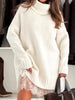 Autumn Winter Turtleneck Patchwork Mini Dress, Holiday Long Sleeve Chic Sweater Dress, Solid Loose Ladies Dress