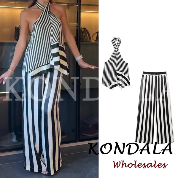 Fall Striped Patchwork Women Blue Suit Neck-mounted Vest+ Modern Straight Pants Night Party Streetwear Set