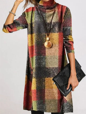 Vintage High Neck Long Sleeve Dresses Plaid Thick French Style Elegant Office Commuting Cashwool Frock Ladies Dress Costume