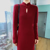 Women' 100%Pure Mink Cashmere Dress Stand-Up Collar Buckle Slim Knit Long Skirt High Waist Over The Knee Bottoming Dress