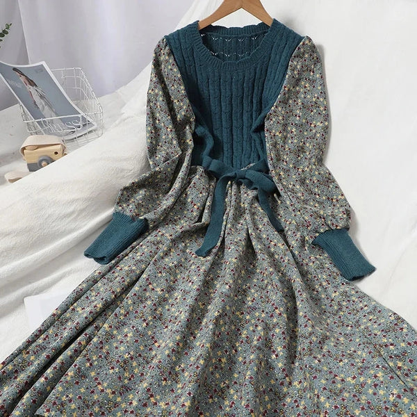 Autumn Winter Korean Patchwork Bandage Long Sleeved Knitted Dress Women's Slim Sweet Corduroy Flower Dresses