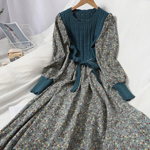 Autumn Winter Korean Patchwork Bandage Long Sleeved Knitted Dress Women's Slim Sweet Corduroy Flower Dresses