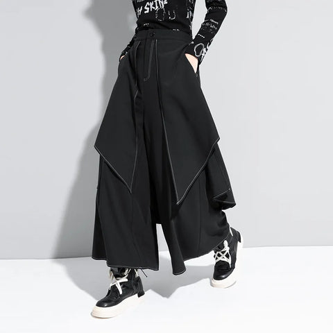 Korean Woman Pants Black Loose False Two-piece Wide Legs Pants Ladies Casual Streetwear Hurajuku Trousers Ladies