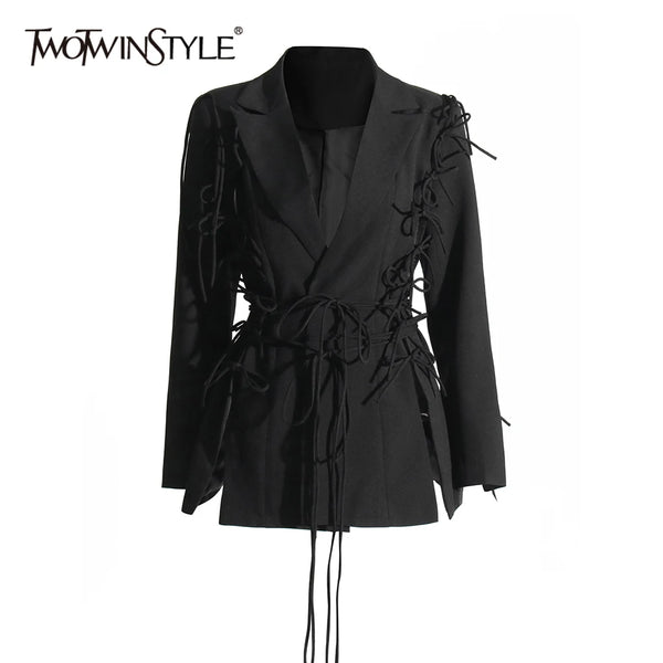 Solid Patchwork Lace Up Chic Blazer For Women Notched Collar Long Sleeve Temperament Blazers Female Style