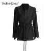 Solid Patchwork Lace Up Chic Blazer For Women Notched Collar Long Sleeve Temperament Blazers Female Style