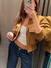 Women's Cropped Bomber Jacket Stand Collar Zipper Patch Pocket Rib Trim Long Sleeve Short Coat Vintage Autumn Casual Outfit