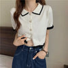 Women's Stylish Clothing Knitting Button Short Tops Tees Patchwork Striped Jacket Girls Y2k Clothing Korean Sweater Short Shirt
