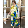 Blue Green Tie-Dye Print Women's Two-piece Set Three-quarter Sleeves A-line Top Wide Leg Pants Spring 2DB7115