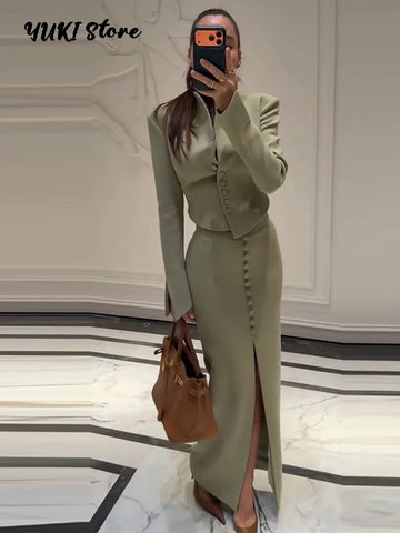 Elegant Commute Women's Long Skirt Suit Stand Neck Full Sleeve Slim Cropped Blazer Jacket Split Skirts Lady Solid Outfits