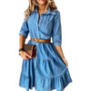 Denim Dress Three Quarter Sleeve with Belt Turn-down Collar Spring Autumn Buttons Ruffle Jeans Dresses for Women