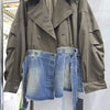 Contrasting Color Splicing Coat for Women Retro Suit Collar Double-breasted Denim Jackets