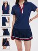Women 2 Pieces Athletic Skirt Set Outfits V Neck Polo Shirts High Waisted Pleated Tennis Skirts Golf Pickball Dress