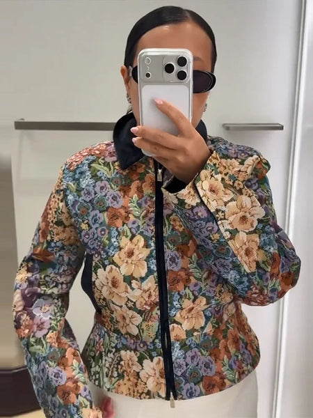 Vintage Floral Print Women Cropped Jacket Contrast Velvet Collar Zip Up Long Sleeve Slim Fit Side Pockets Coat Outerwear