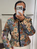 Vintage Floral Print Women Cropped Jacket Contrast Velvet Collar Zip Up Long Sleeve Slim Fit Side Pockets Coat Outerwear