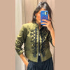 Green Stand Collar Napoleon Cropped Jacket Women Full Sleeve Shoulder Pad Jackets Spring Lady Street Outwear