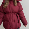 Winter Casual Lace-up Waisted Hooded Mid-Length Jacket For Women Solid Color Thickened Cotton Coat 1A1207