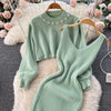 Winter Women Knitted Sets Breading Long Sleeve Pearl Sweater+Knitted Camis Dress Sets Sweater Suits