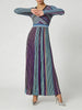 Hit Color Striped Spliced Bright Silk Dresses for Women V Neck Long Sleeve High Waist Knit Dress Female