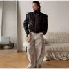 Women Leather Bomber Jackets Coats With Belt Notched Shoulder Pads Motorcycle Street Chic Short Outwear Solid Lace Up