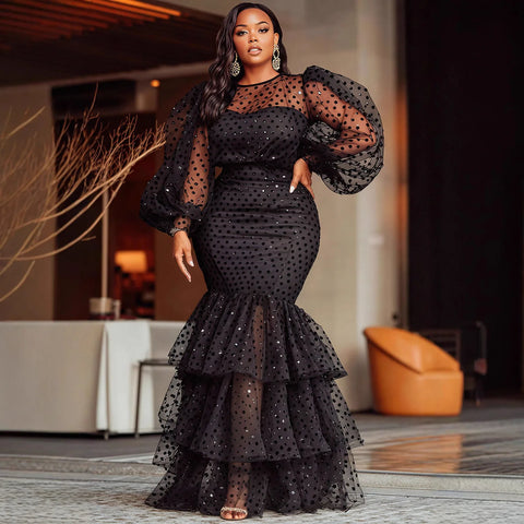 Plus Size Formal Round Neck Lantern Sleeve Long Sleeve Mermaid Vintage See Through Tulle Maxi Dress Banquet Evening Women Dress
