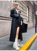 Spring Autumn Extra Long Black Loose Pu Leather Trench Coat for Women Shoulder Pads Double Breasted Faux Leather Blazer