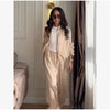 Women Frog Button Satin Jacket Lattern Pants Set Stand Collar Long Sleeve Top Wide Leg Pant Loose Fit Suit Summer Casual Outfits