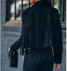 Womens Vintage Lapel Long Sleeve FringeCropped Hippie Motor Biker Cardigan OutwearsFaux Suede Tassel Jacket