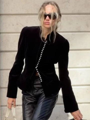Solid Velvet Women's Jacket Stand Collar Long Sleeve Waist Cinching Coat Chic Spring Autumn Evening Street Wear