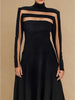 Women's Black High Neck Long Sleeve High Waist Flared Maxi Gown See-through Evening Dresses Party Dress