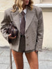Elegant Plaid Stand Collar Jacket Shorts Set Women Full Sleeve Belted Buttons Blazer Suit Lady Commute Street Outfits