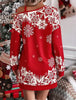 Christmas Snowflake Print Off Shoulder Dress Women Winter Long Sleeve Loose Party Mini Dresses For Women