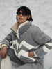 Women Chevron Color Block Padded Ski 2 Piece Set Fleece Collar Zipper Snow Jacket Cargo Wide Leg Pants Winter Snowboard Outfits
