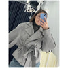 Solid Tie Waist Cinching Suede Jackets Women Chic Stand Up Collar Loose Crop Short Coats Lady Autumn Commute Daily Outfit