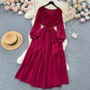 Vintage Chiffon Long Dress Women Elegant V-neck Long Sleeved Casual Dresses French Pleated Slim A-line Long Robe Vestidos