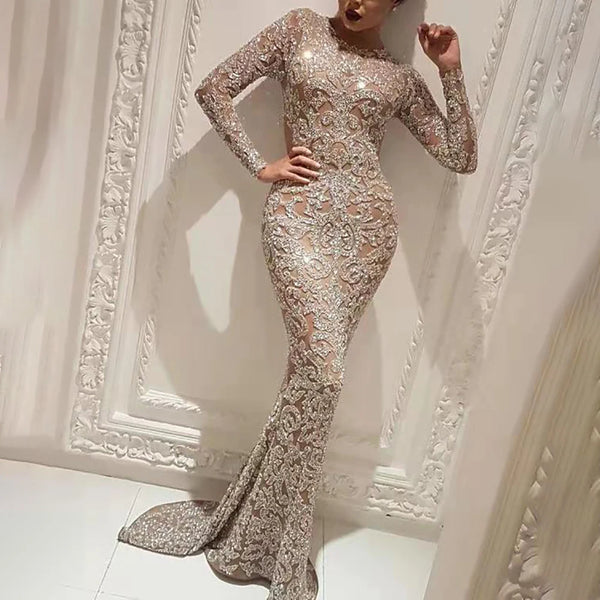 Women's Formal Evening Dress Sequin Appliques Slim Crew Neck Fishtail Dress Long Sleeve Maxi Bodycon Wedding Prom Dresses
