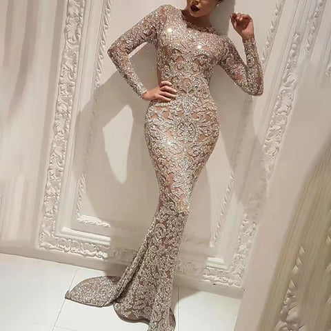 Women's Formal Evening Dress Sequin Appliques Slim Crew Neck Fishtail Dress Long Sleeve Maxi Bodycon Wedding Prom Dresses