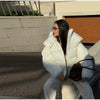 Shiny Hooded Cotton Jacket For Women Solid Long Sleeve Zipper Pockets Coats Lady Winter Street Warm Chic Outerwear