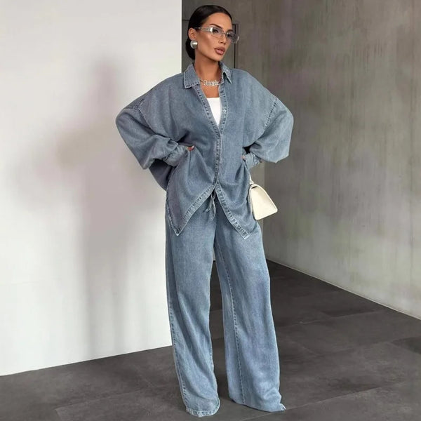 Autumn European American Women's Clothing Casual Denim Loose Shirt Long Pant Sets
