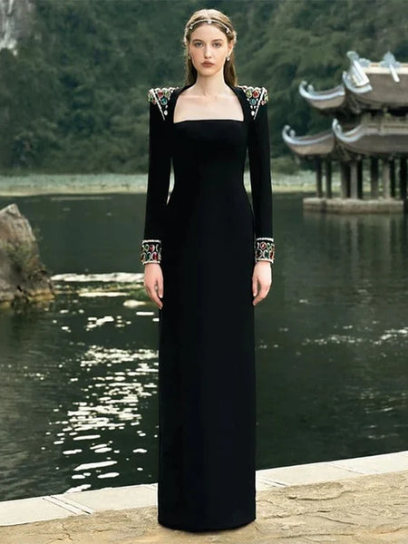 Designer Vestido Women's Formal Long Sleeve Colors Diamonds Rhinestone Beaded Long Maxi Dress