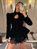 Women's Black Velvet Peplum Blouse Coat Cutout Puff Sleeve Button Front Elegant Party Long Sleeve Top Lady Outerwears