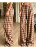 Women Vintage Aesthetic Casual Plaid Print Barrel Pants Drawstring Elastic Waist Loose Straight Pants with Pockets Streetwear