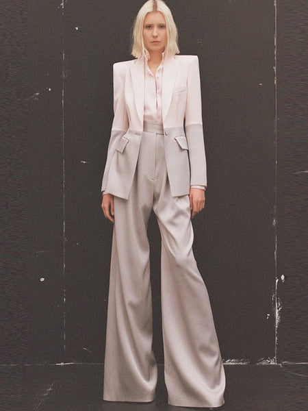 High Street S/S Runway Designer Suit Set Women's Career Single Button Color Block Blazer Wide Pants Suit