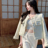 Korean Plaid Tweed Jacket Women White Round Neck Cropped Tassel Coat Autumn Single Breasted Office Lady Outwear