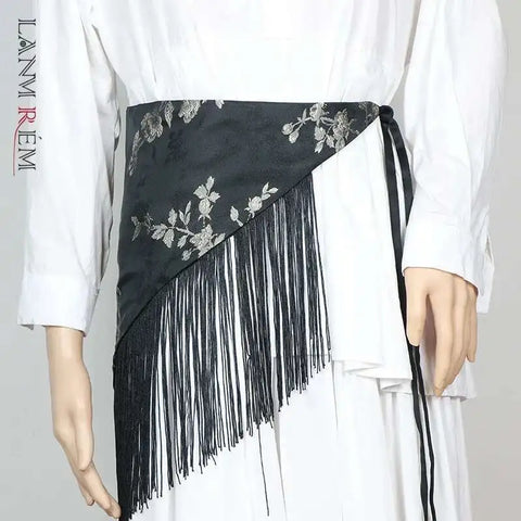 American Style Women's Belt Spliced Tassel Bandage Waistband All-match Shirt Dress Female Spring 2DC1589