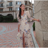 Elegant Ruffle Women's Long Dresses V Neck Half Sleeve Button Waist Cinching Pleated Dress Spring Lady Party Robes