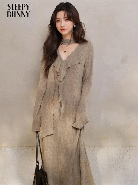 Elegant French V-Neck Knit Dress Women Long Sleeve Elastic Maxi Dress Asymmetrical Design Belted Long Dress for Autumn Winter